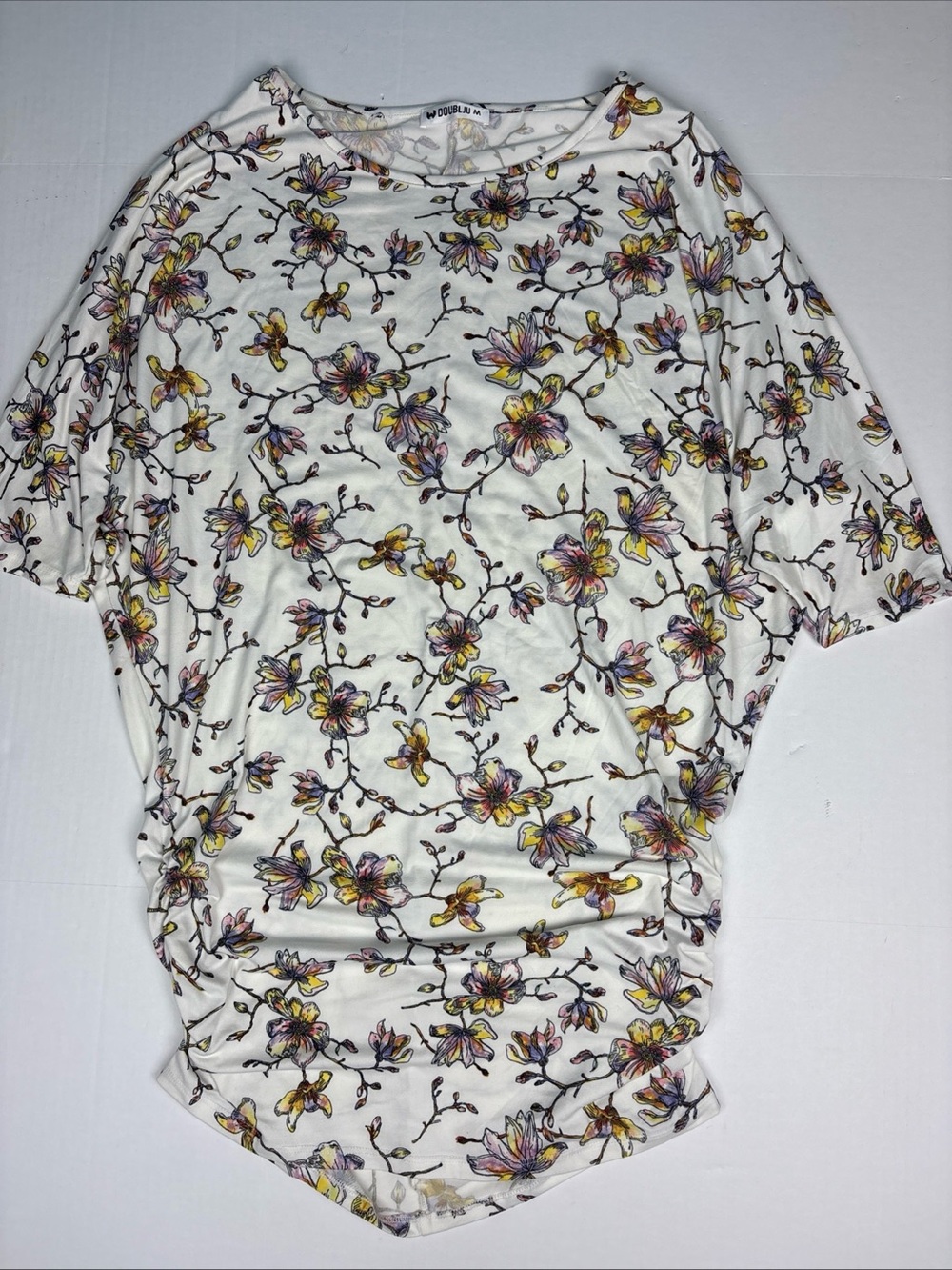 Doublju Women Medium Shirt Tunic Floral Ruched Sides Half Sleeve Soft Poly Blend